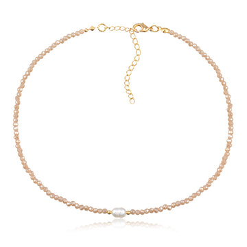Colar choker cristais champagne com pérola com banho de ouro 18k