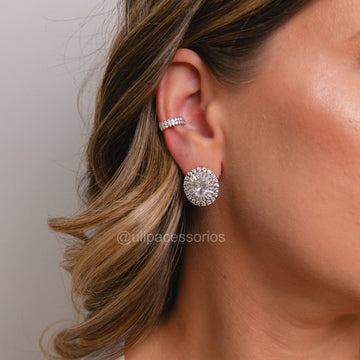 Brinco oval baguetes e zircônia cristal em ródio branco