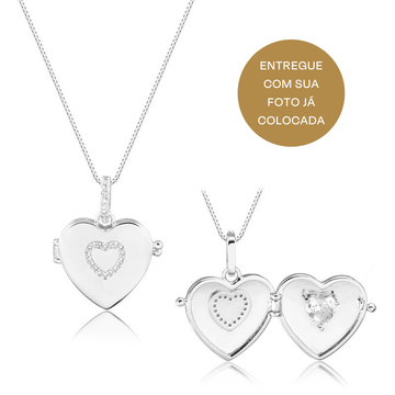 Colar relicário coração cravejado com banho de ródio branco