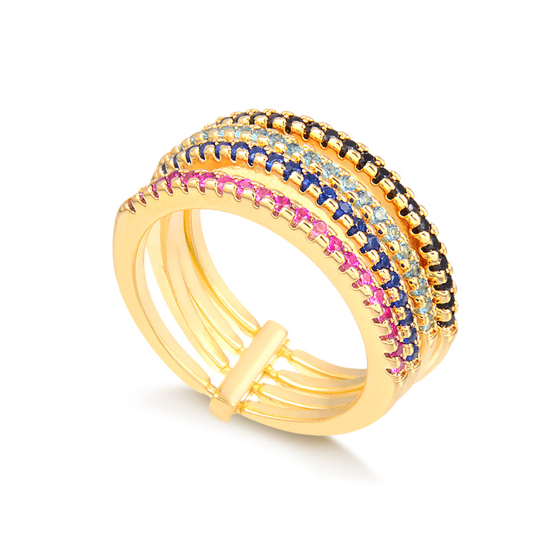 Anel 4 alianças coloridas com banho de ouro 18k