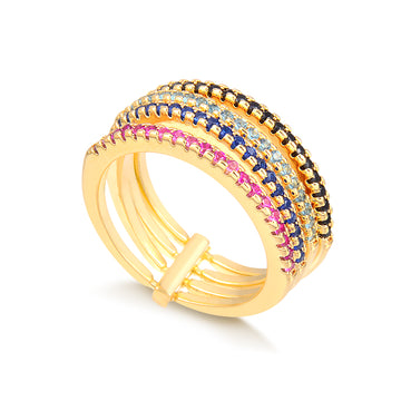 Anel 4 alianças coloridas com banho de ouro 18k