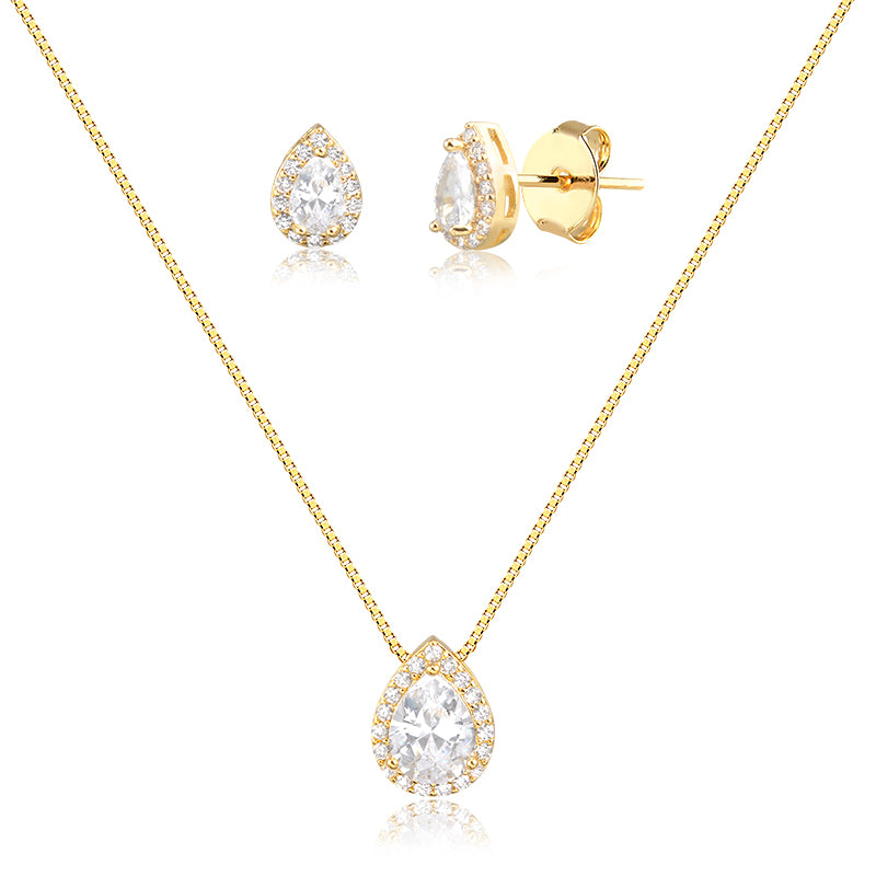 Conjunto gota cravejada cristal entorno cravejado com banho de ouro 18k