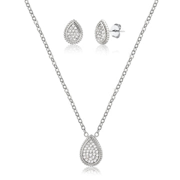 Conjunto gota cravejado com zirconia cristal e banho em ródio branco
