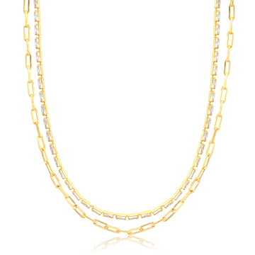 Colar duplo choker zircônias baguetes e elos cartier com banho de ouro 18k