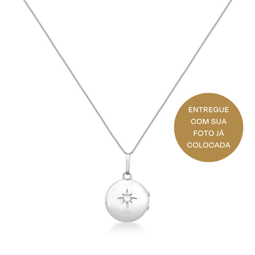 Colar relicário estrela ponto de luz com banho de ródio branco