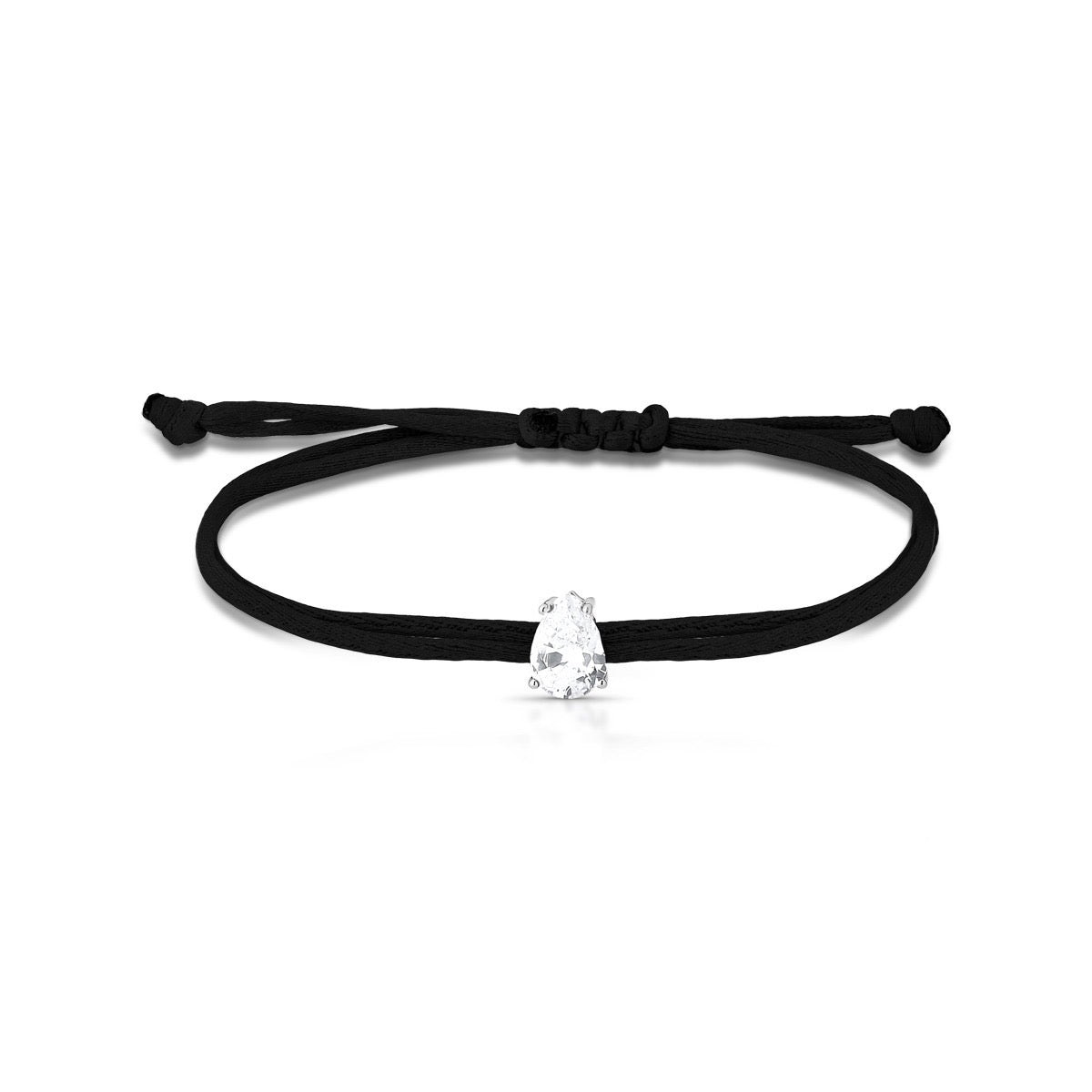 Pulseira fio encerado preto com gota cristal em prata 925