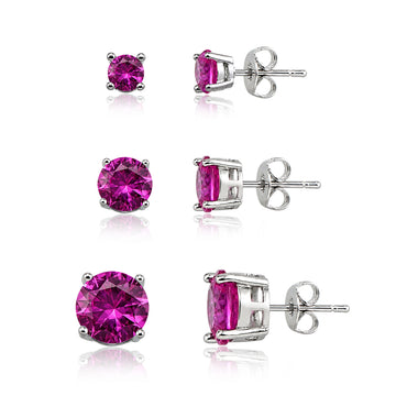Trio de brincos turmalina rosa com banho de ródio branco