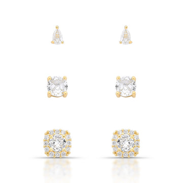 Brinco trio quadrado, oval e gota cristal com banho de ouro 18k