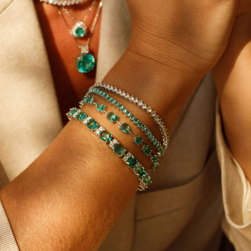 Pulseira riviera fio faca gota e oval com zircônia turmalina e banho de ródio branco