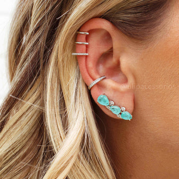 Brinco ear cuff gotas esmeralda colombiana com pontos de luz cristal com banho de ródio branco