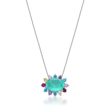 Colar oval esmeralda colombiana entorno colorido com banho de ródio branco