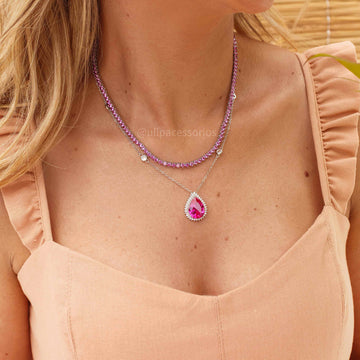 Colar Riviera 3 garras trama rígida com zircônia Pink em ródio branco 42cm 3mm