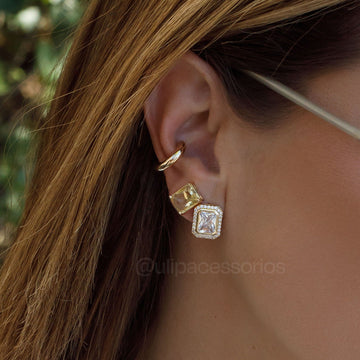 Brinco retângulo cristal entorno cravejado com banho de ouro 18k