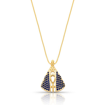 Colar nossa senhora dupla face com zircônias cristal e azul banho de ouro 18k