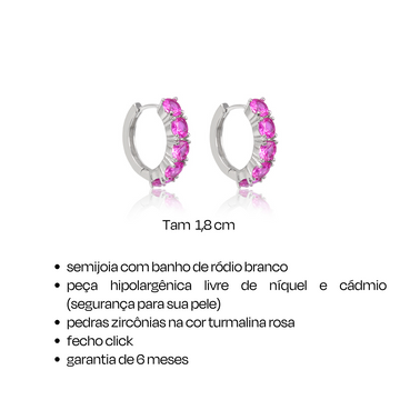 Brinco argola zircônia maior turmalina rosa com banho de ródio branco