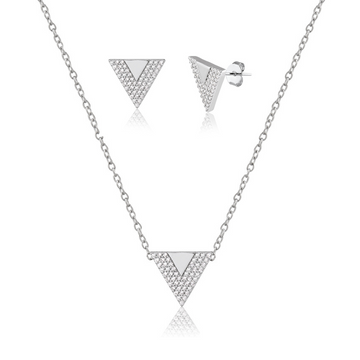 Conjunto colar e brinco triângulo cravejado com banho de ródio branco