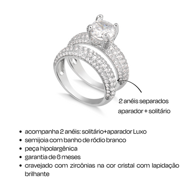 Anel duplo solitário + aparador com banho de ródio branco