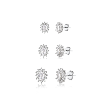 Brinco trio oval cristal entorno cravejado com banho de ródio banco