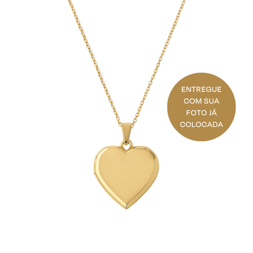 Colar relicário coração liso com banho de ouro 18k