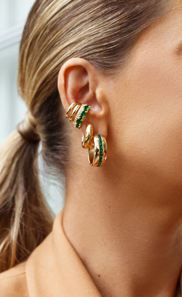 Brinco argola maior baguetes esmeralda com banho de ouro 18k