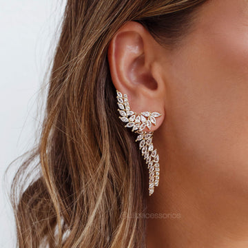 Brinco ear jacket 2 em 1 Luxo com gotas em zircônia cristal e banho de ouro 18k