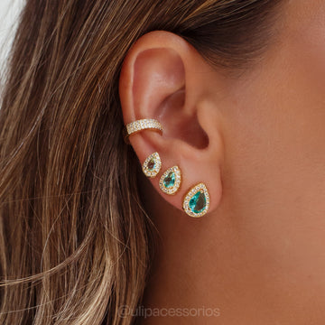 Brinco gota G com zircônia turmalina entorno cravejada e banho de ouro 18k