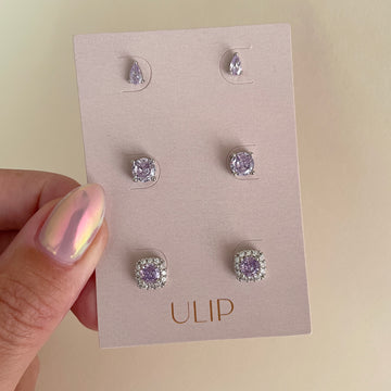 Brinco trio quadrado, oval e gota tanzanita com banho de ródio branco