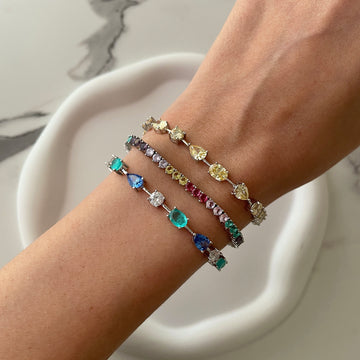 Pulseira riviera 3 garras com zircônia colorida com banho de ródio branco