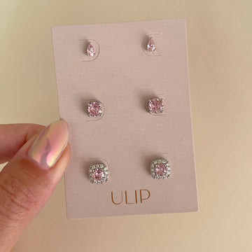 Brinco trio quadrado, oval e gota rosa com banho de ródio branco