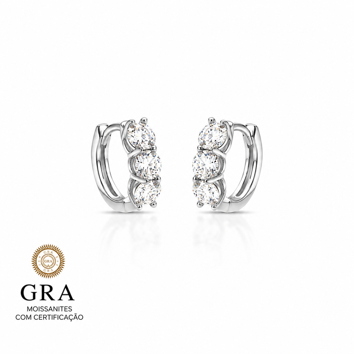 Brinco argola moissanite 3 pedras prata 925