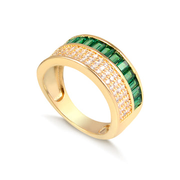Anel aliança larga cravejada com baguetes esmeralda com banho de ouro 18k