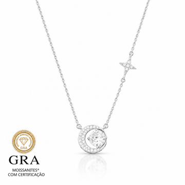 Colar MOISSANITE meia lua 1 quilate joia em prata 925 com banho de ródio branco