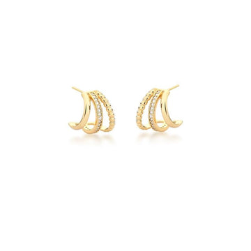 Brinco argola tripla lisa cravejada e torcida trançada dourado
