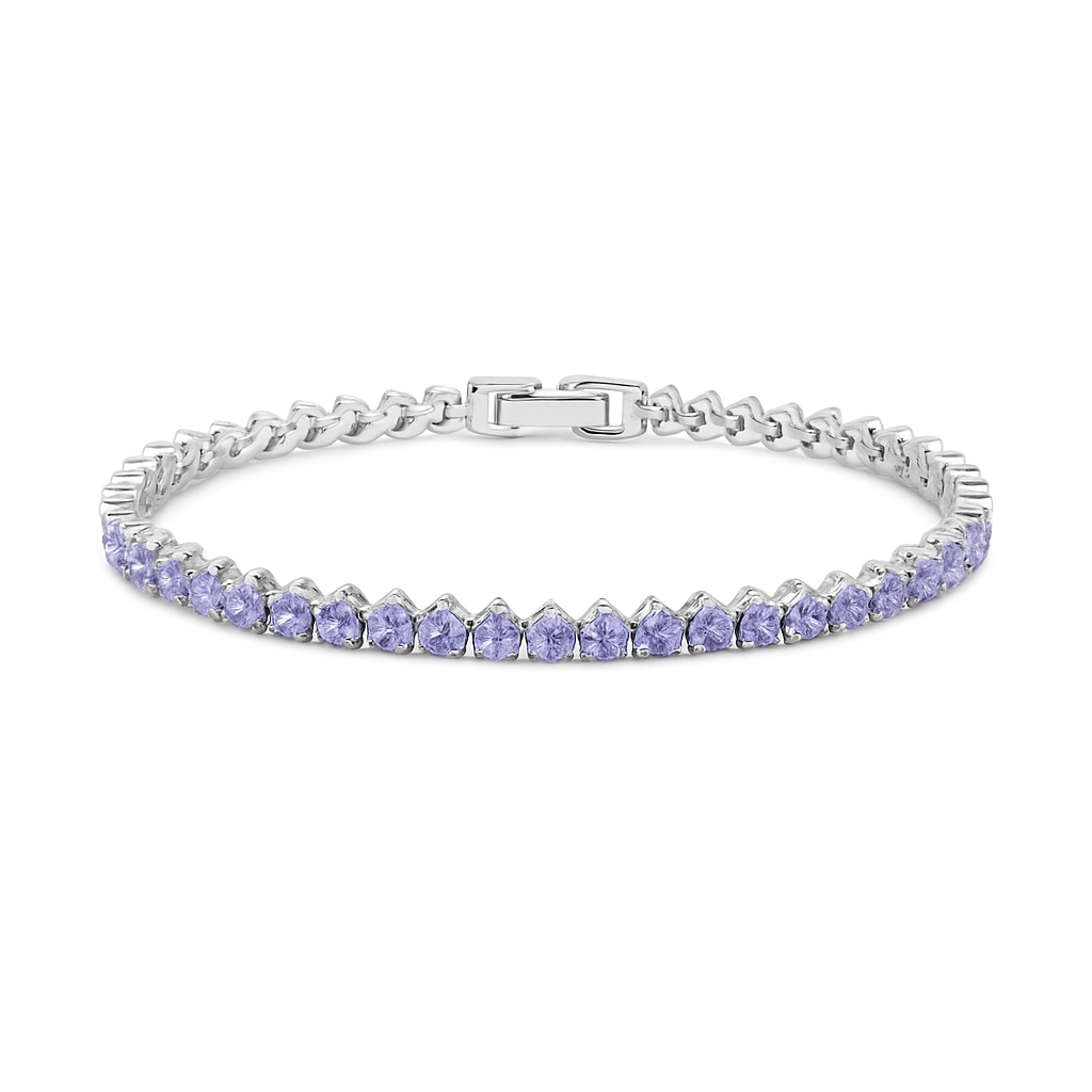 Pulseira riviera 3 garras com zirconia tanzanita 3mm em ródio branco