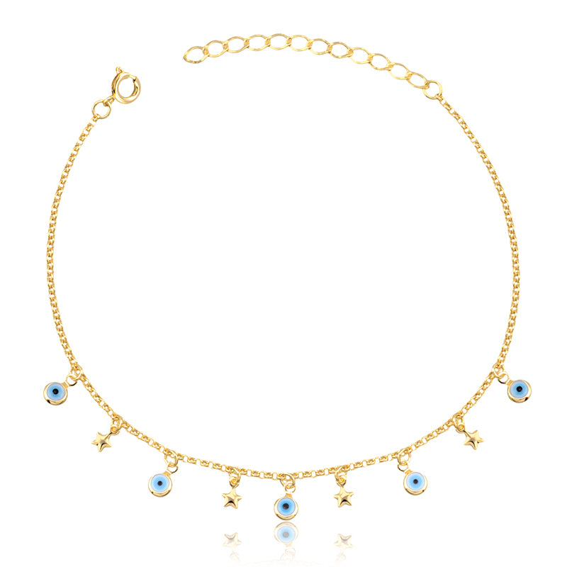 Tornozeleira olhos gregos e estrelas com banho de ouro 18k