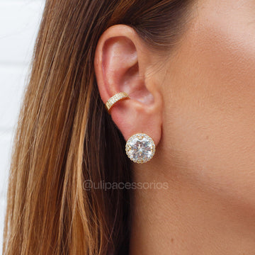 Brinco maxi oval cristal entorno cravejado com banho de ouro 18k