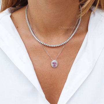 Colar oval rosa cravação dupla com banho de ródio branco