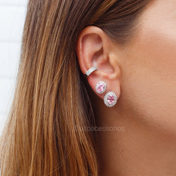 Brinco oval rosa cravação dupla com banho de ródio branco