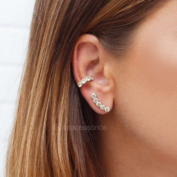 Brinco ear cuff 5 zircônias citrino com banho de ródio branco