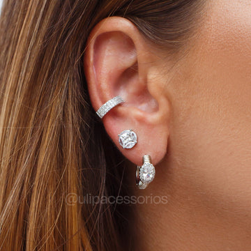 Brinco redondo navetes zircônia cristal com banho de ródio branco