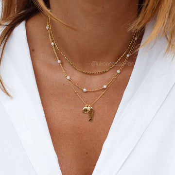 Colar esferas, concha, pérola e peixe com banho de ouro 18k