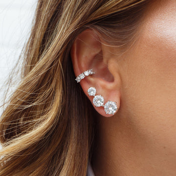 Brinco Ear Cuff 3 gemas cristal com banho de ródio branco