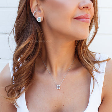 Conjunto retangular topázio entorno cravejado com banho de ródio branco