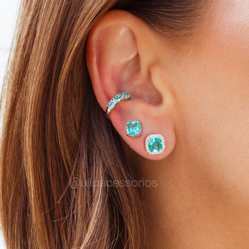 Brinco quadrado turmalina entorno cravejado com banho de ródio branco