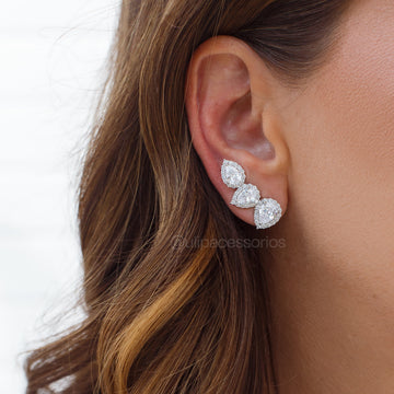 Brinco ear cuff gotas cristal com banho de ródio branco