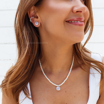 Conjunto pérola com pingente quadrado tanzanita e banho de ródio branco