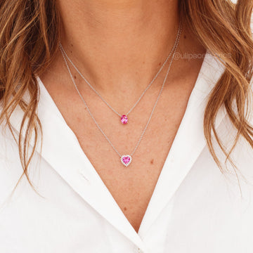Colar prata 925 coração turmalina rosa entorno cravejado