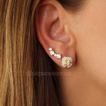 Brinco prata 925 quadrado com zirconia na cor citrino e cristal