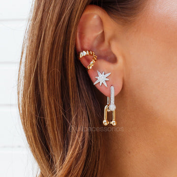 Brinco argola elos modernos mistura de banhos liso e cravejado