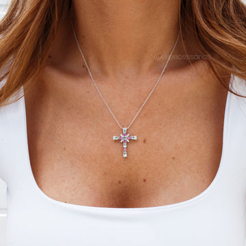 Colar prata 925 crucifixo topázio e rosa